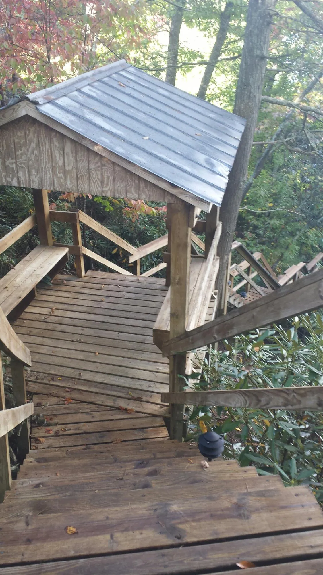 Metal roofed shelter over wooden steps on a wooded walkway — Skylight Repair & Installation work by our crew in Stevensburg