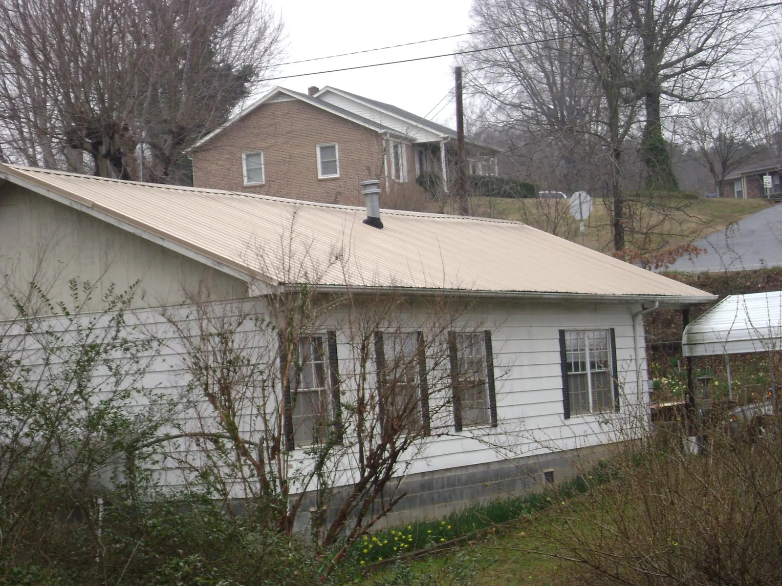 Tan metal roof on a white sided house set into a hillside in Stevensburg